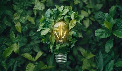 Leinwandbilder - Lush green leaves entwined around a glowing light bulb symbolizing eco-friendliness and sustainable energy solutions : Generative AI