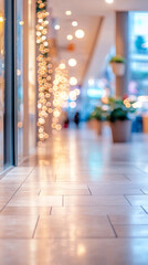 Poster - Festive bokeh lights glowing over wooden flooring amid mall holiday decorations