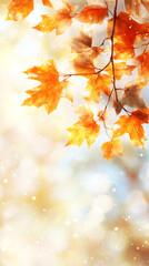 Poster - Vibrant orange maple leaves drifting downward from branch, blurred golden background creating dreamy seasonal landscape