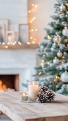 Aufkleber - Flickering candles, scattered pine cones on rustic wooden surface near illuminated Christmas tree, warmth of fireplace glowing softly
