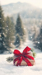 Aufkleber - Wrapped christmas gift with red ribbon resting on fresh snow with snowy trees in the background during a snowfall