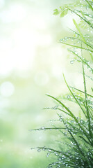 Poster - Verdant lawn glistening with morning dew, reflecting soft sunlight and natural freshness