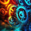 © อารียา วงษ์พัฒน์ - Abstract representation of gear turning smoothly, vivid color, illuminated, mechanical part concept of teamwork, interaction with impressive cooperation