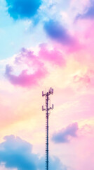 Aufkleber - Metallic communications tower reaching skyward through pastel pink and blue sunset clouds with soft luminous hues