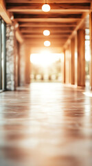Poster - Empty corridor with wooden floor and ceiling lights illuminating the passage leading to a blurred bright background