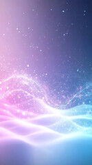 Poster - Pastel pink and blue waves undulating with luminous particles, blending gradient colors into soft, mesmerizing visual landscape