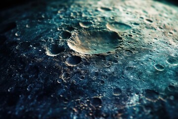Wall Mural - close-up view of a cratered celestial body's surface, showing dark teal texture and impact marks.