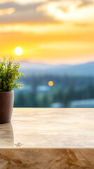 Aufkleber - Empty marble tabletop perfect for displaying products with a beautiful sunset over a city skyline as a backdrop