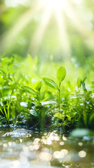 Aufkleber - Beautiful green plants growing near water with sun rays shining through trees in a peaceful natural setting