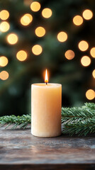 Aufkleber - Glowing Christmas candle resting near pine branches, soft bokeh illuminating rustic wooden surface, evoking holiday warmth and serenity