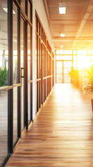 Poster - Warm sunlight illuminating empty corridor with wooden floor and glass walls in modern office building