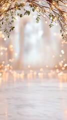 Aufkleber - Marble surface adorned with hanging branches, soft fairy lights casting enchanting glow, creating elegant festive backdrop for seasonal product styling