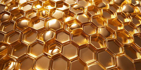 Wall Mural - Golden honeycomb texture with hexagonal patterns and glossy honey droplets for natural designs