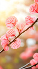 Poster - Soft pink leaves glowing under gentle sunlight, casting delicate pastel shadows