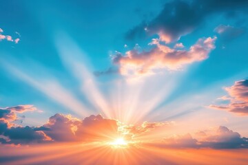 Wall Mural - Golden sun rays shine through clouds against a vibrant blue sky. Use for inspirational or religious themes, representing hope and faith.