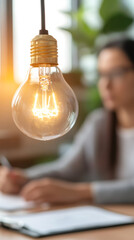 Aufkleber - Glowing light bulb suspended in modern office, businesswoman intently writing notes, symbolizing creative workplace inspiration