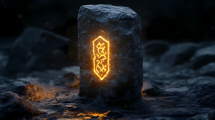 Wall Mural - Ancient mystical symbols etched into stone pedestal emit a soft golden glow in pitch-black darkness of midnight, surrounded by mysterious shadows, stone pedestal, glowing. Midnight Stone. Illustration