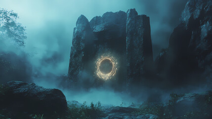 Wall Mural - Ancient stone gateway with eerie glowing symbols surrounded by mist at midnight. Midnight Stone. Illustration