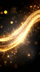 Poster - Luminous golden glitter waves dancing across dark backdrop, sparkling with vibrant bokeh illumination and ethereal movement