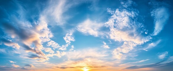 Poster - Breathtaking sunset view with scattered clouds and golden light spreading across the sky : Generative AI