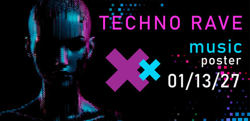 Poster - Techno rave poster with a pixelated silhouette of a face in blue and pink hues and colorful geometric accents on a black background. Vector cover template. 