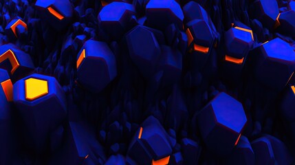 Wall Mural - glowing geometric shapes in dark abyss, abstract polygonal stone blocks with light, background