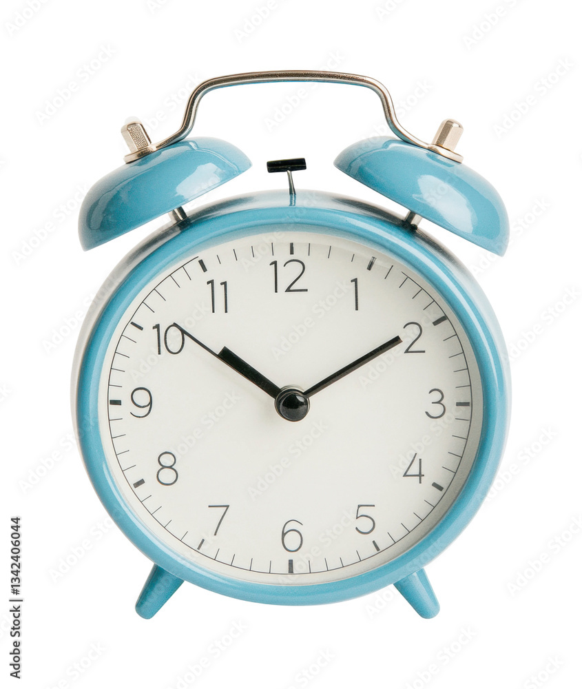 Vintage blue alarm clock with bells and classic analog face, cut out