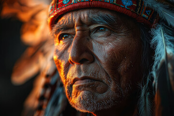 Wall Mural - native american elder in feather headdress gazes into horizon at sunset, wisdom etched deeply into e