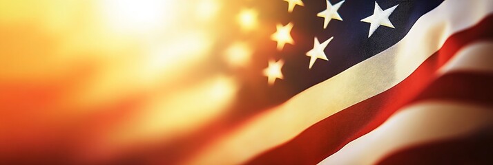 Aufkleber - Vibrant American flag gently swaying in the breeze with a warm sun glowing in the background : Generative AI