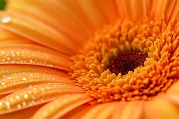 Poster - Macro shot of a stunning orange flower demonstrating depth and natural water droplets on petals : Generative AI