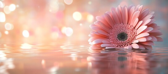 Poster - Beautiful pink gerbera daisy emerging from still water against a dreamy pastel background with brilliant bokeh : Generative AI