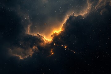Poster - Stunning cosmic scene showcasing bright orange light illuminating dark nebula clouds in the depths of space : Generative AI