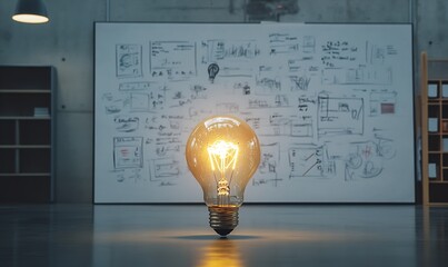 Fototapete - Glowing Light Bulb with Business Charts in an Organized Office Space : Generative AI