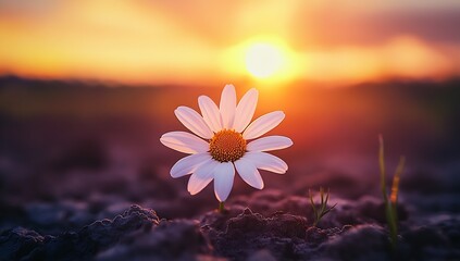 Poster - Beautiful daisy flower blooming against a stunning sunset background with warm golden hues : Generative AI