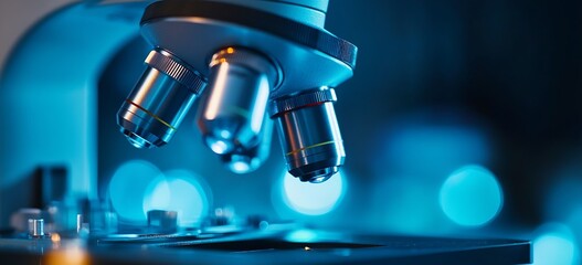 Leinwandbilder - Close up view of a microscope with illuminated lenses showcasing advanced scientific technology : Generative AI