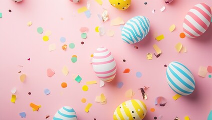 Poster - Charming arrangement of beautifully decorated Easter eggs on a pink surface with vibrant confetti accents : Generative AI