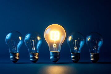Aufkleber - Outstanding illuminated light bulb showcased prominently among ordinary bulbs against a blue background : Generative AI