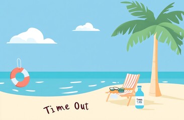 Poster - Bright Coastal Setting with Palm Tree and Lifebuoy for Summer Relaxation Moments : Generative AI