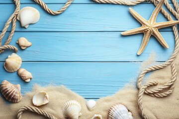 Poster - Beautiful coastal scene with shells and starfish on sandy background with blue wood : Generative AI