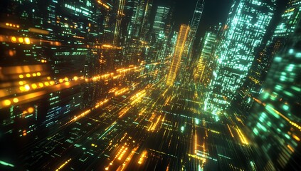 Fototapete - Dynamic futuristic cityscape featuring glowing lines and colorful skyscrapers with a high-tech look : Generative AI