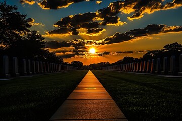 Poster - Stunning Sunset Scene in a Cemetery with Glorious Sun Rays and Open Pathway : Generative AI