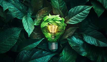 Leinwandbilder - Light bulb surrounded by vibrant green leaves symbolizing eco friendly energy concept : Generative AI