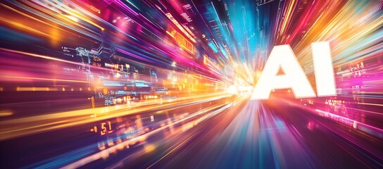 Poster - Dynamic futuristic background featuring AI technology with vibrant lights and colorful trails representing data flow : Generative AI
