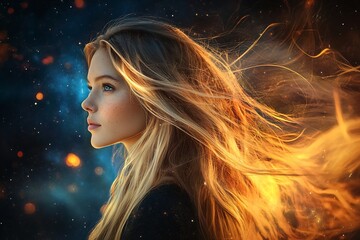 Aufkleber - A beautiful young woman with flowing hair against a cosmic backdrop with stars and colorful light : Generative AI