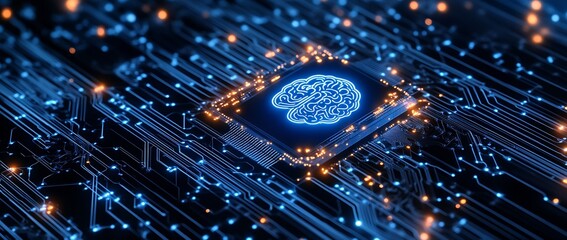 Fototapete - Stylized microchip with a luminous brain representing cutting-edge advancements in artificial intelligence and modern technology : Generative AI