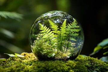 Poster - Enchanting Glass Sphere with Ferns and Vibrant Greenery in a Rich Forest Setting : Generative AI
