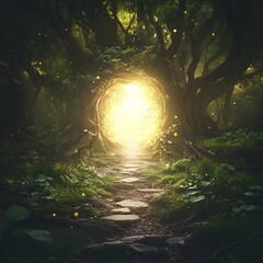 Poster - Dreamy walkway through a mystical forest with soft glowing light and stones : Generative AI
