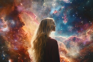Aufkleber - Captivating silhouette of a woman with long hair against a cosmic nebula highlighting beauty and peace : Generative AI