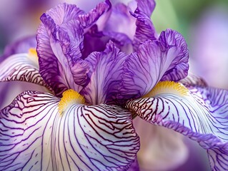 Poster - Close up view of intricately patterned purple and white iris flower in full bloom showcasing its beauty : Generative AI