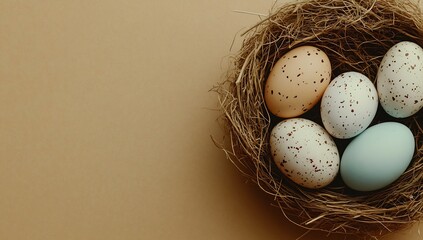 Poster - Colorful speckled eggs nestled in a natural straw nest on a beige background for Easter : Generative AI